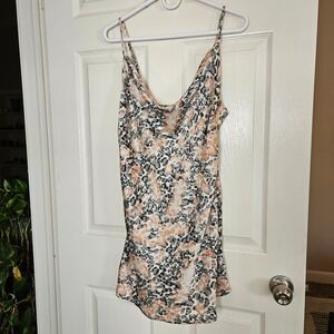 Here Comes The Sun Leopard Print Cowl Neck Slip Dress Mini Grey Peach M Cocktail